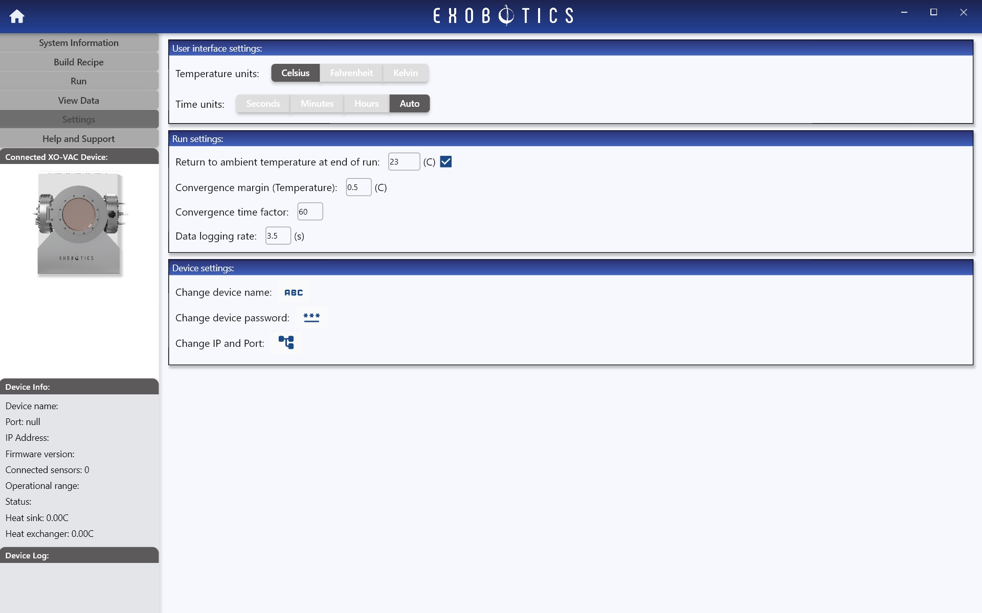 XO-VAC+ User Interface - Settings Page