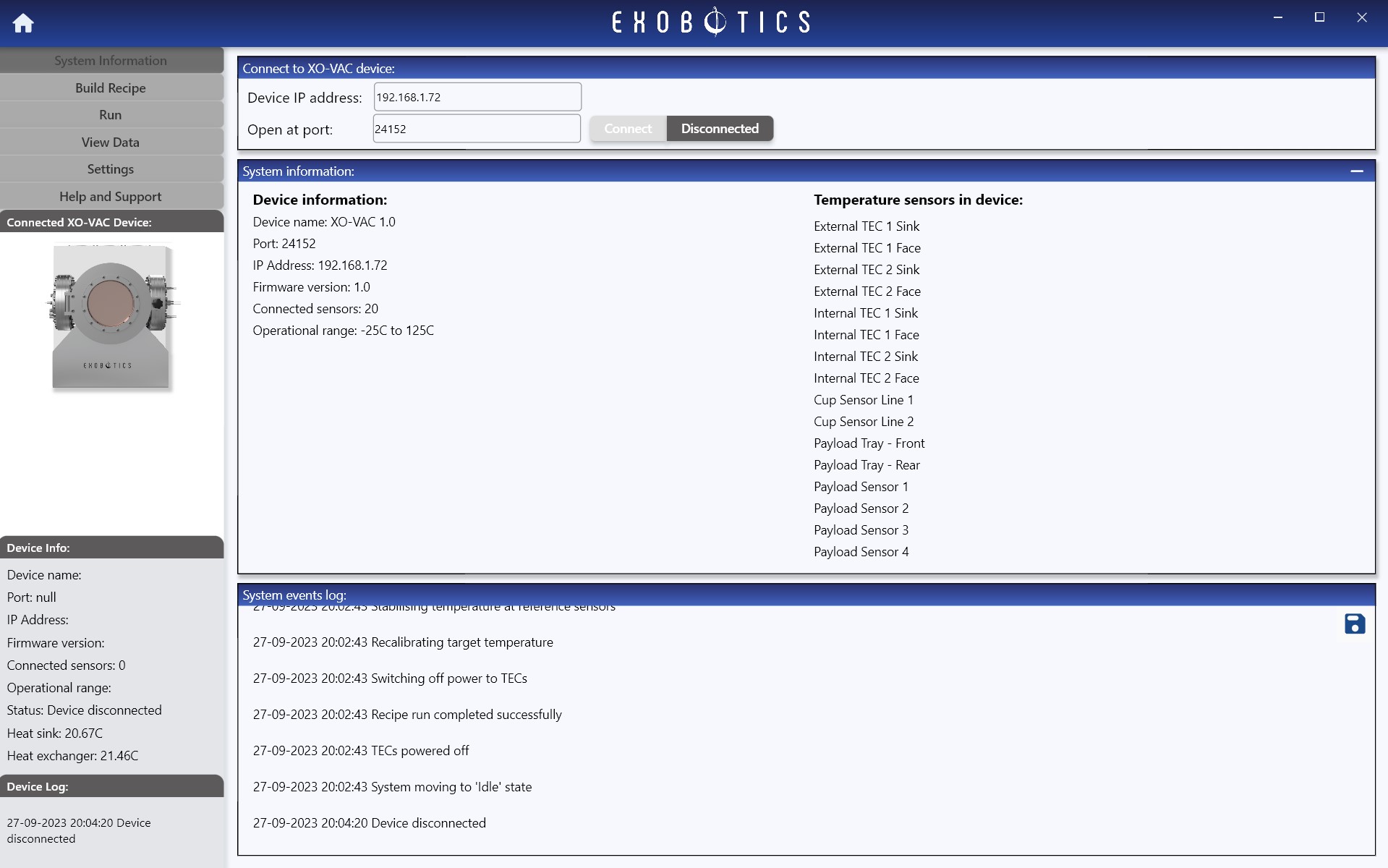 XO-VAC+ User Interface - System Information Page